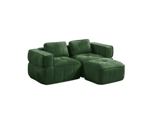Canapé d'angle modulaire 2 places avec pouf, assise profonde et base antidérapante en polyester vert