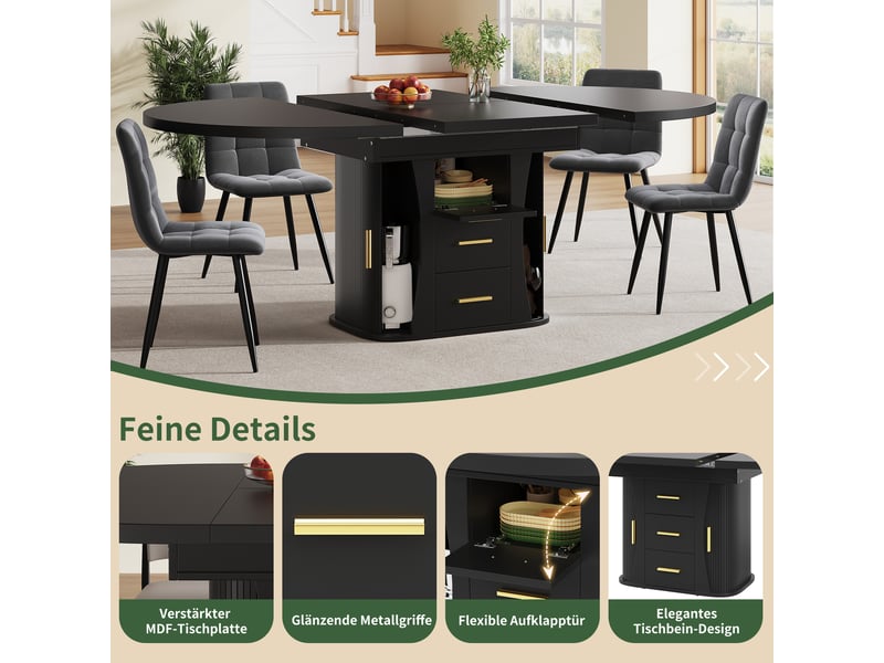 118-158 noir table à manger extensible avec rangement, design moderne, structure fonctionnelle pour cuisine et salle à manger - Conforama C