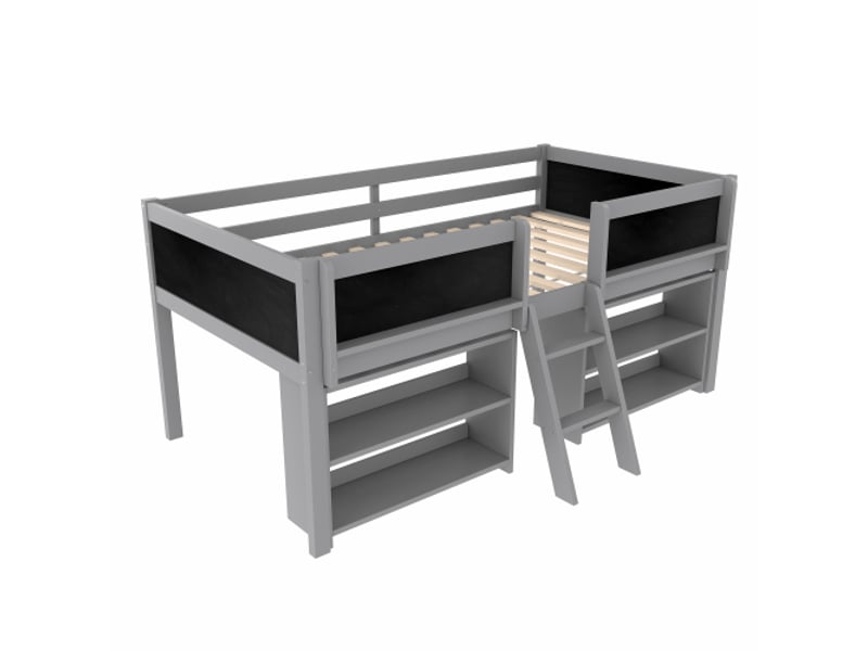  Lit mi-hauteur, 90 x 200 cm, multiples étagères de rangement, barrière de sécurité, échelle, bois de pin, sans matelas, style minimaliste, gris  - Conforama D