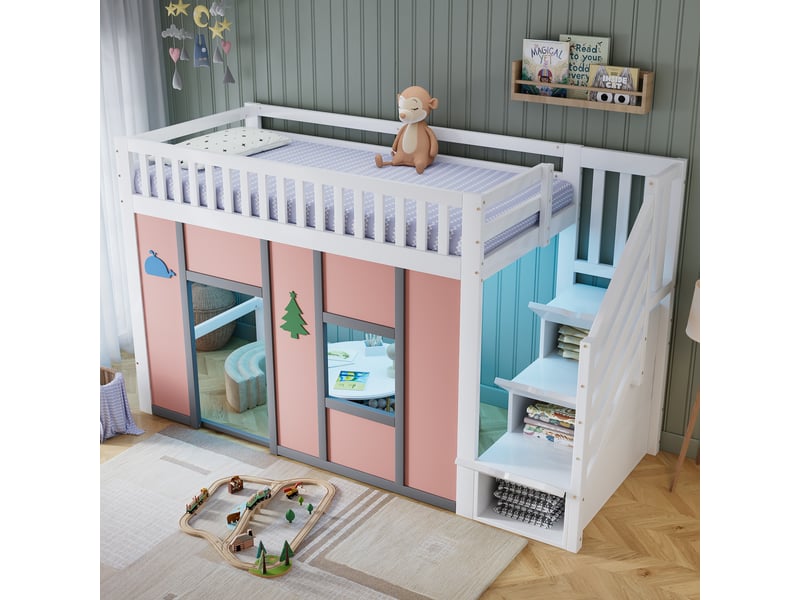  Lit mezzanine 90x200 cm, lit enfant, escalier avec rangement, barrière antichute, led, bois blanc et rose  - Conforama E