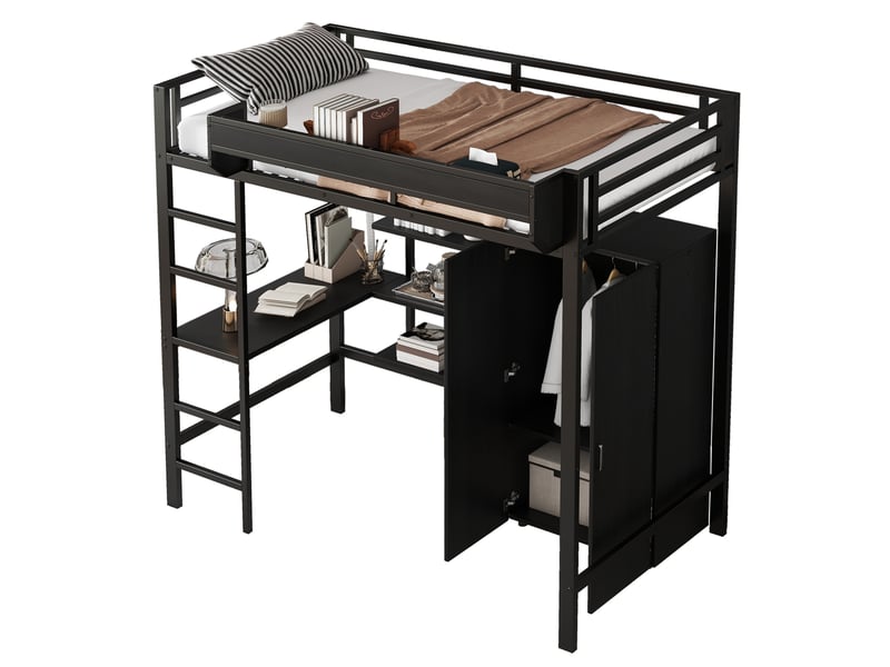 Lit superposé 90x200 cm en métal noir avec bureau, armoire et rangements - Conforama A