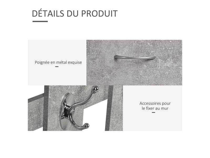 Ensembles 3 en 1 de meuble d'entrée vestiaire avec panneau porte-manteau, effet béton gris, miroir et banc à chaussures - 6 crochets et étagère réglable  - Conforama E