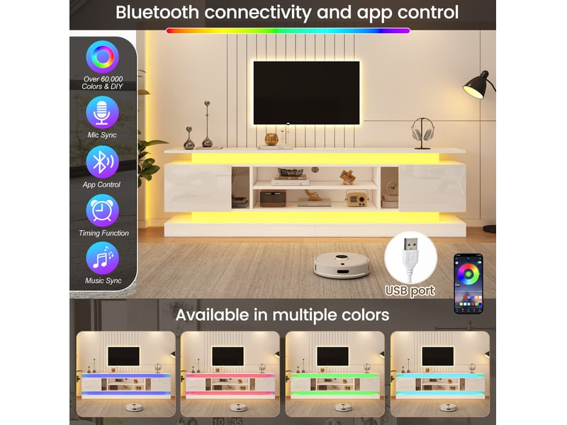  Meuble tv blanc brillant 180 x 35 x 60 cm avec led rgb bluetooth  - Conforama D