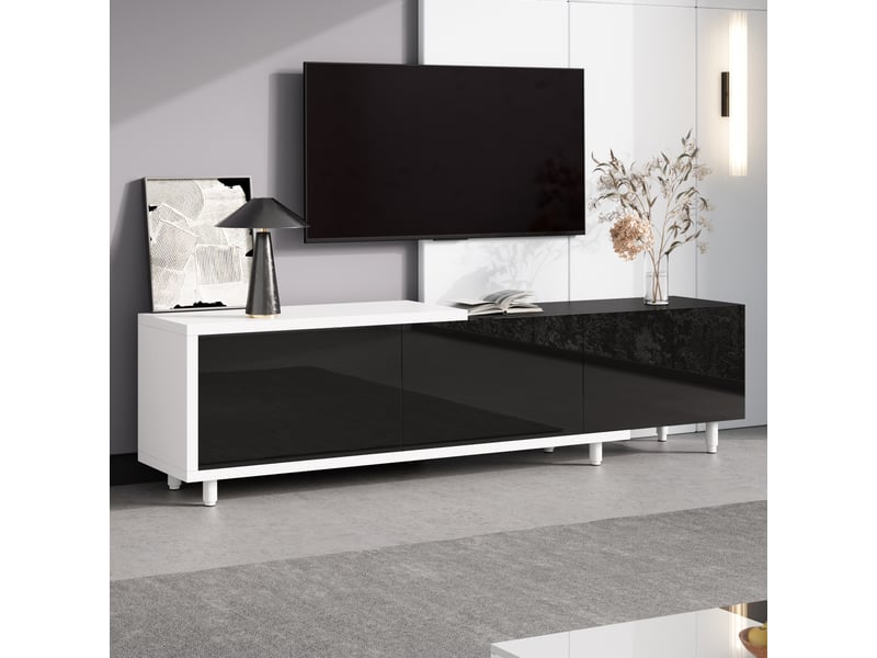  Meuble tv extensible 258x38x48,5 cm - meuble bas tv avec 3 portes brillantes, rangement, charnières silencieuses, mdf et métal - noir et blanc  - Conforama B