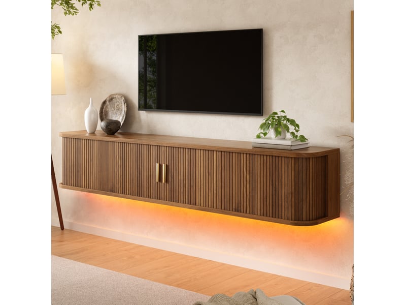  Meuble tv mural 175 cm 2 portes coulissantes rainurées led réglable par application mdf noyer  - Conforama E