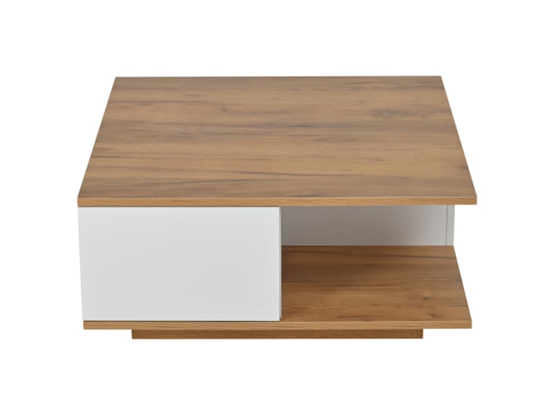  Table basse 70x70 cm, 3 tiroirs, design géométrique, haut brillant, blanc et bois naturel, idéale pour petits espaces  - Conforama E