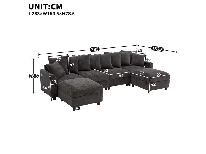  Canapé d’angle modulable 6 places 283x153,5 cm – gris – usbtype-c, 2 poufs et coussins mobiles  - Conforama C