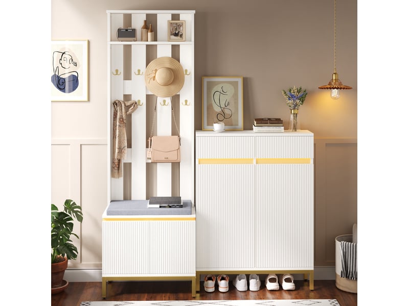  Meuble d'entrée 80x35x103 cm – blanc – banc, rangement chaussures et éclairage led piloté par app bluetooth  - Conforama B