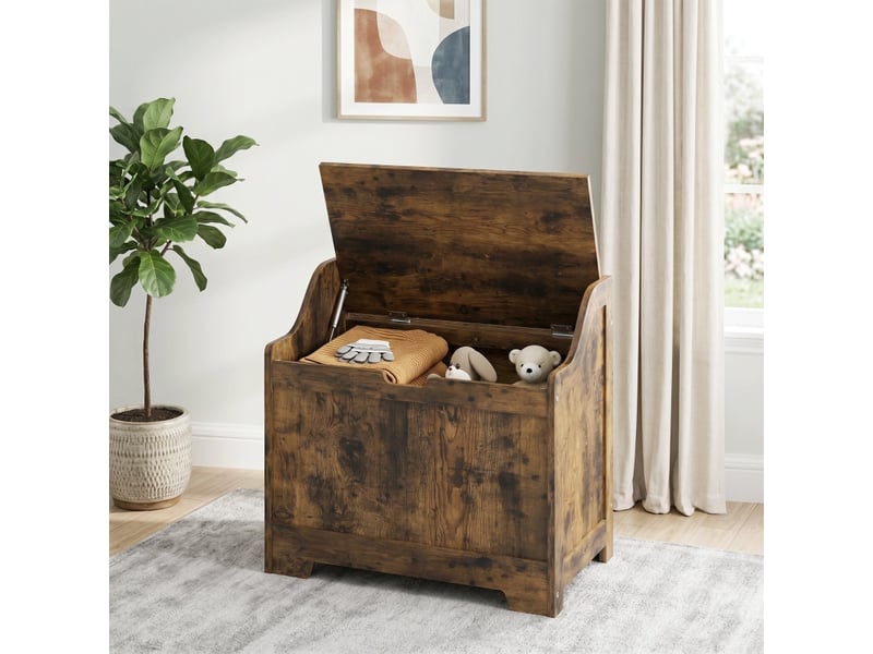  Coffre de rangement avec charnière de sécurité, coffre en bois avec poignée encastrée pour salon et entrée, brun rustique  - Conforama D