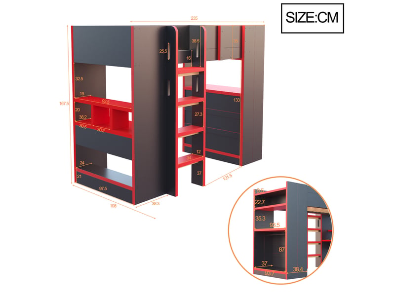 Lit mezzanine 90x200 cm avec bureau, prise intégrée et éclairage led, bois et mdf, couleur noir et rouge sans matelas - Conforama C