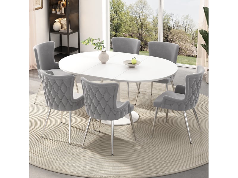  Lot de 4 chaises salle à manger 55x47x85 cm en velours gris, dossier élevé, pieds métal argenté, pieds antidérapants  - Conforama D