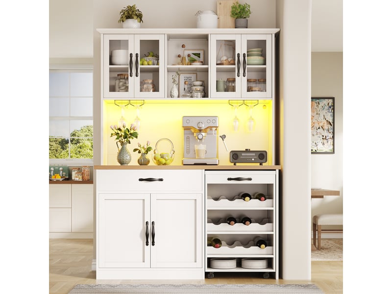  Meuble de cuisine muvano blanc avec desserte amovible et éclairage led, buffet 140 x 38 x 180 cm  - Conforama C