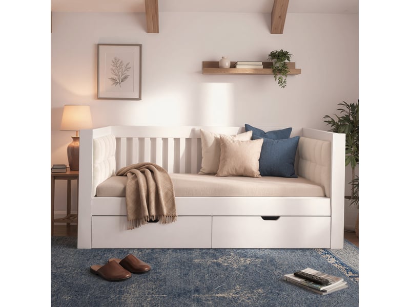  Modenvie lit banquette 90x200 cm - avec 2 tiroirs de rangement, dossier rembourré, sans matelas - blanc  - Conforama E