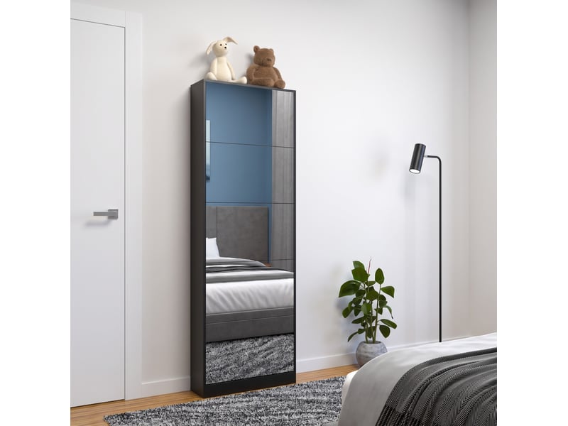  Meuble à chaussures noir 63 cm avec miroir intégral et 5 compartiments abattants, ultra-fin pour l'entrée  - Conforama B