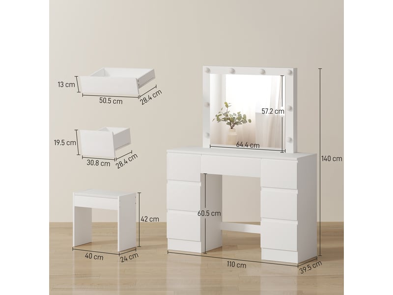  Coiffeuse style hollywood avec miroir, 8 lumières led, 7 tiroirs et tabouret rembourré, blanche  - Conforama E