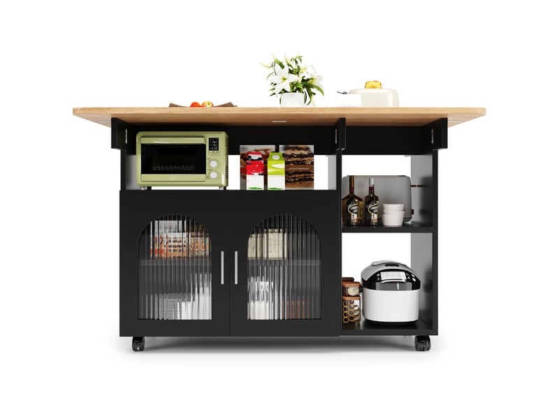  Îlot de cuisine noir avec table pliante intégrée, chariot sur roulettes, longueur 120 cm, mdf et métal  - Conforama W