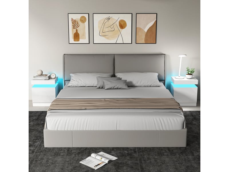  Ensemble de 2 tables de chevet led avec 16 couleurs et 4 modes d'éclairage, 2 tiroirs, en bois, 45 x 35 x 52 cm, blanc brillant  - Conforama C