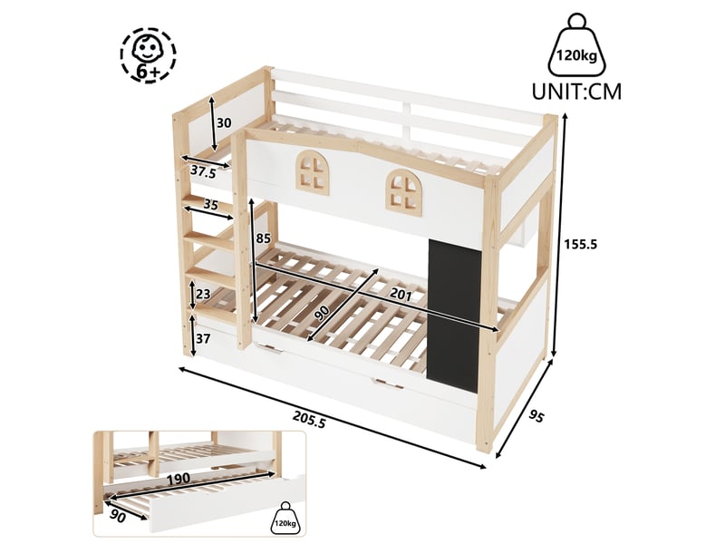  Lit superposé 90 x 200 cm avec lit gigogne, niches et tableau noir amovible, en pin et mdf blanc pour chambre enfant  - Conforama C