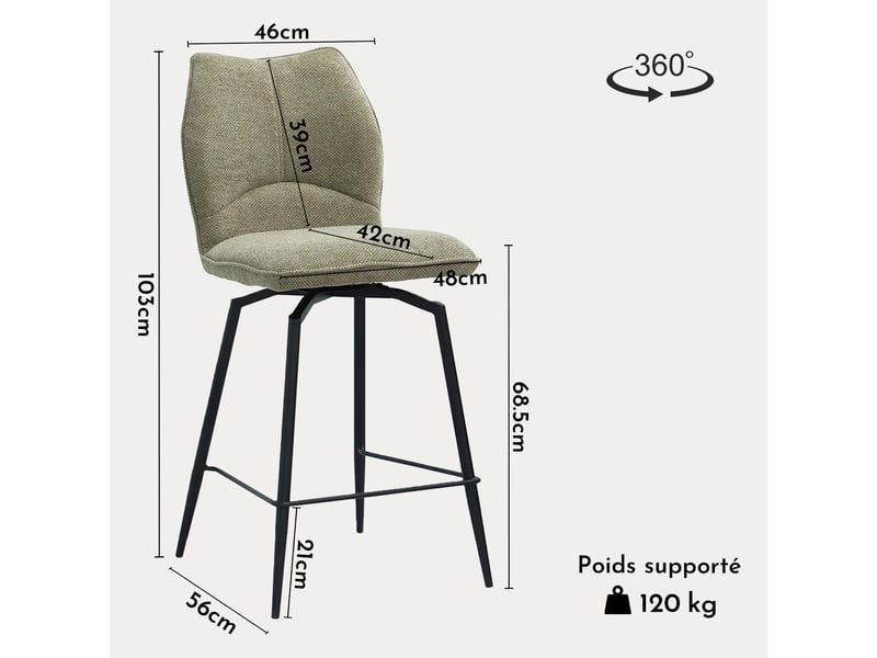 Stela - lot de 2 tabourets pivotants en tissu taupe piètement métal noir STELA-TAU - Conforama E