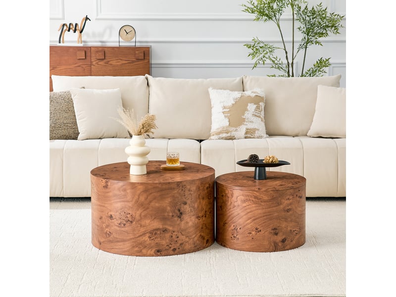  Lot de 2 tables basses rondes gigognes avec rangement en mdf marron, ø 62,8 cm  - Conforama D