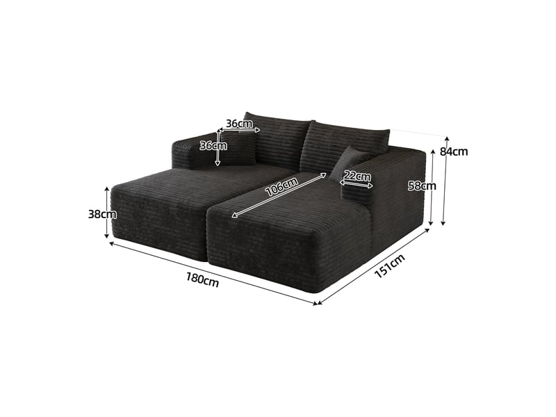  Canapé modulable noir en velours côtelé, méridienne salon sans armature, canapé-lit moderne 180x151cm  - Conforama C