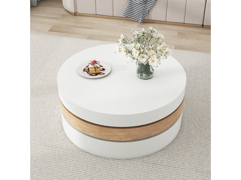  Table basse pivotante 360° table de salon ronde 3 niveaux avec rangement caché extensible 88 cm blanc et bois  - Conforama E