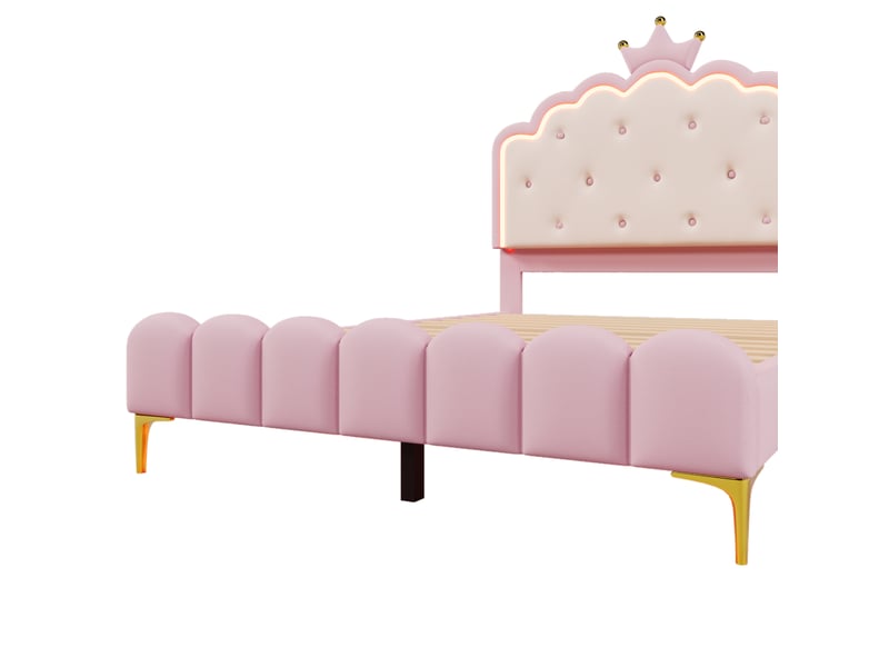 Lit enfant 140x200 cm princesse avec led et sommier, pu et mdf, rose, sans matelas - Conforama E