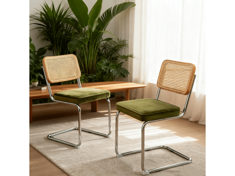 Lot de 4 chaises de salle à manger en velours vert, dossier en rotin et pieds en acier chromé, style cantilever - Conforama B