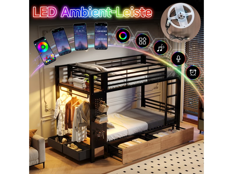 Lit superposé 90x200 cm avec cadre métal - 4 tiroirs - étagères multiples - led - panneau perforé - barre à vêtements - espace de rangement - mdf - noir CozyNest - Conforama E