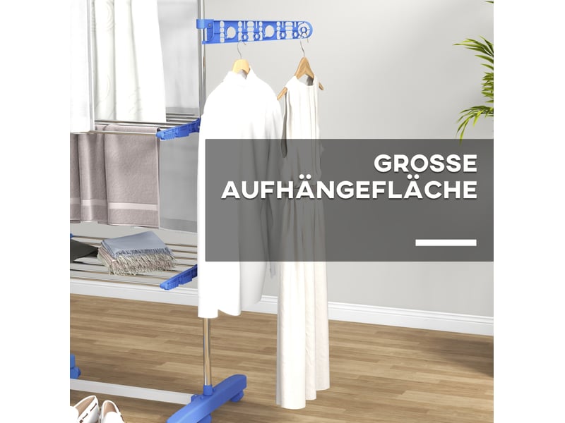  Séchoir à linge tour 142x55x152 cm – bleu – acier, 3 niveaux pliable avec roulettes et flancs réglables  - Conforama E