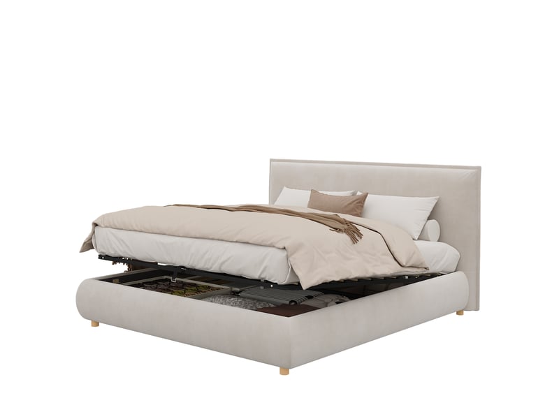  Lit coffre 180x200 cm avec sommier hydraulique, tête de lit rembourrée et pieds bois massif, velours crème BUYDEEMEUS - Conforama A