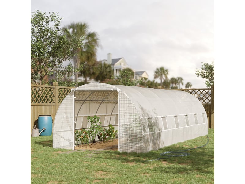  Serre tunnel extérieur 8x3x2 m, 12 fenêtres, porte enroulable, plantestomateslégumes, acierpe 140 gm², blanc.  - Conforama C