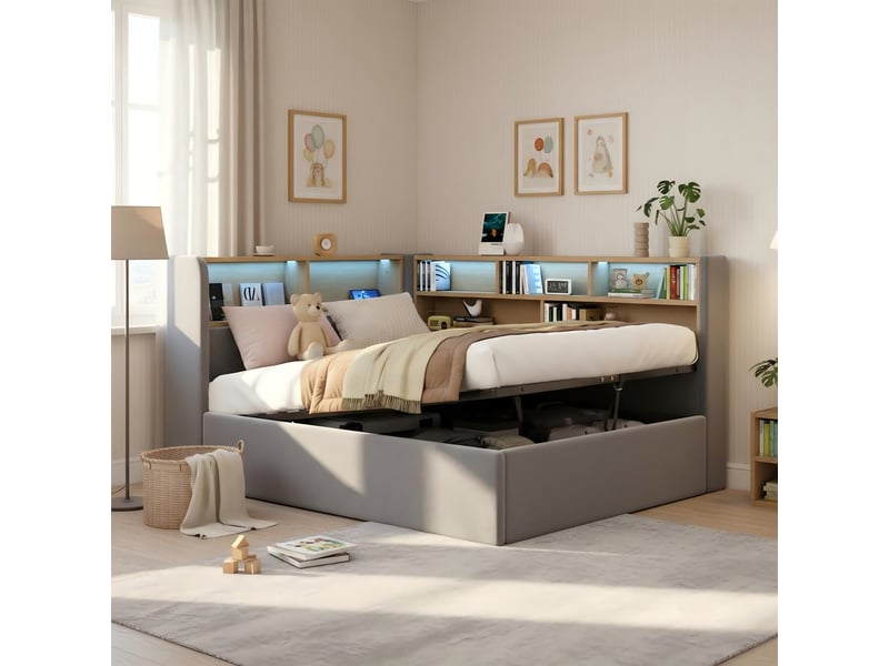  Canapé-lit 90x200 cm, lit enfant, couchage d'appoint, rangement hydraulique, led, port usb, velours gris  - Conforama C