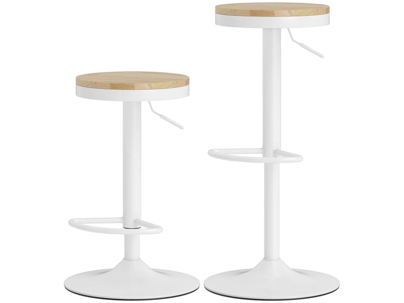  Ensemble 2 tabourets bar réglables, pivotants 360°, acier, repose-pieds, 38,5x38,5x60-80 cm, bois naturel et blanc.  - Conforama B