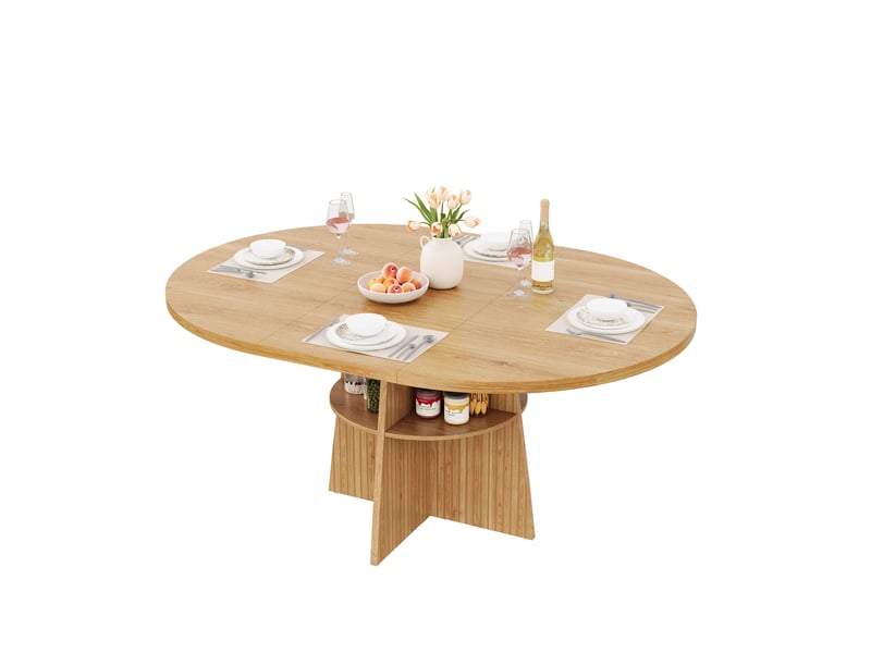  Table à manger ronde extensible 110-150x110 cm en mdf naturel avec étagère intégrée  - Conforama A