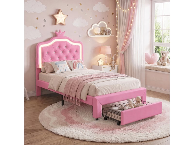 Lit simple enfant 90x200 cm avec led et 1 tiroirs - lit une place - tête de lit réglable en hauteur - pu - cuir -rose - Conforama B