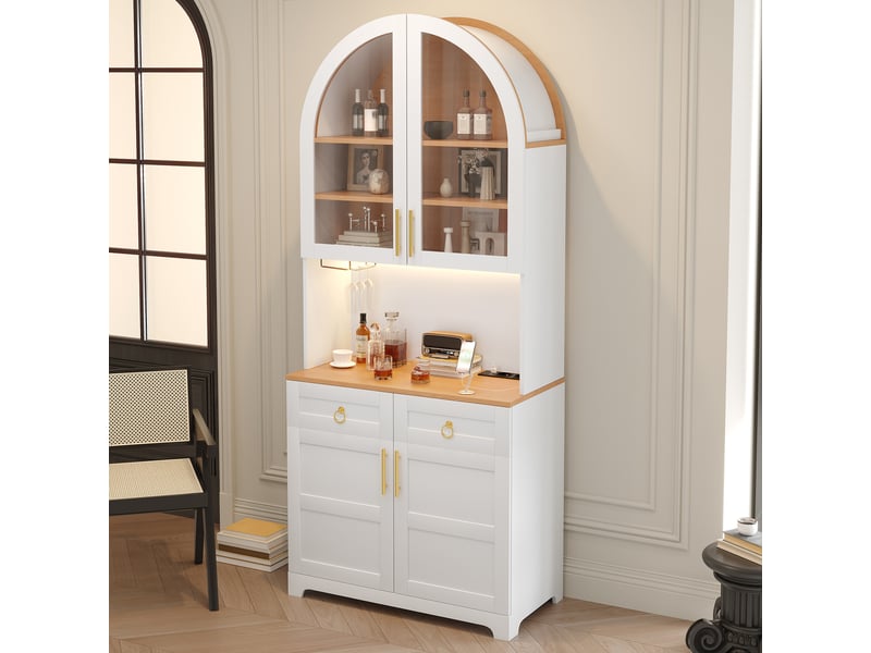  Buffet 80x40x180 cm avec vitrine en verre cintrée, éclairage led, prise intégrée et usb, 2 tiroirs, mdf, blanc  - Conforama D