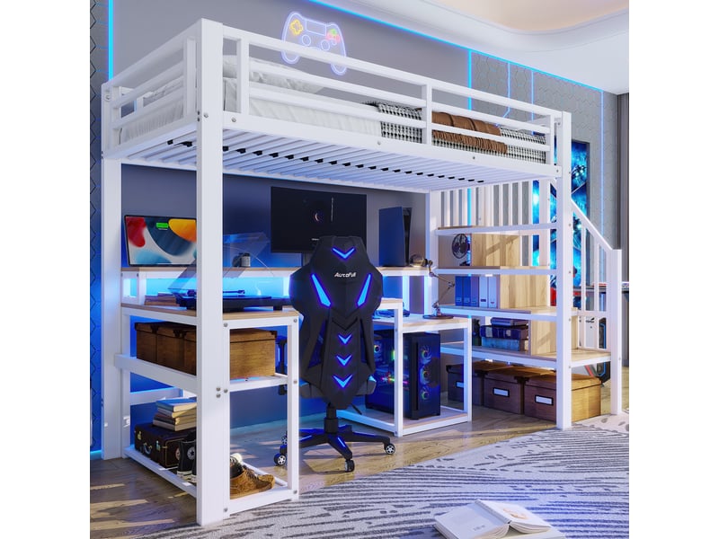  Lit mezzanine avec bureau et rangements, 90 x 200 cm, structure en métal et mdf, blanc  - Conforama R