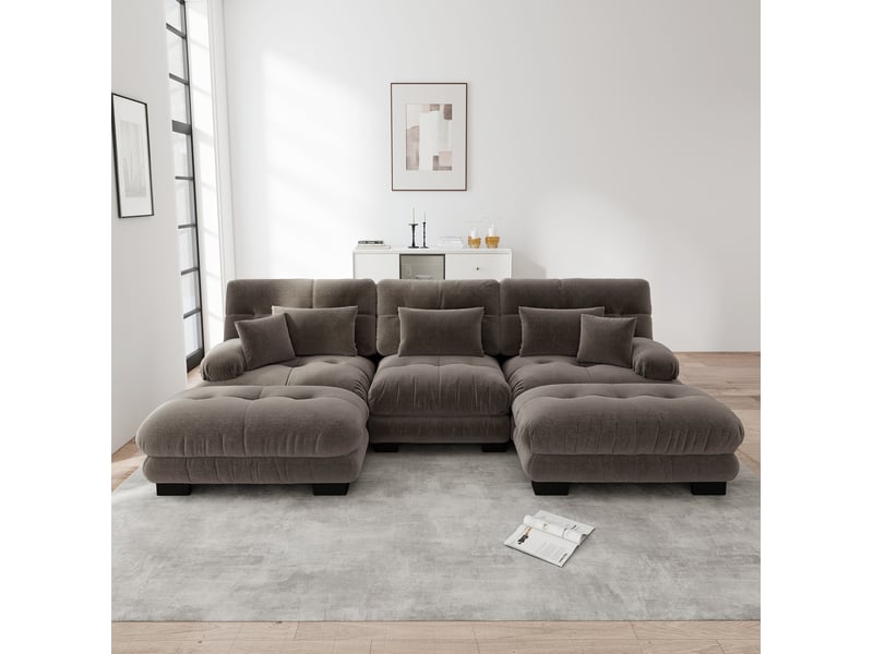  Canapé d’angle modulable convertible 3 places avec poufs en chenille marron 313 x 145 x 81 cm  - Conforama B