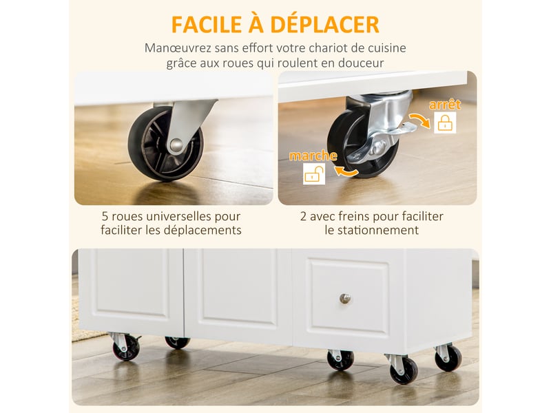  Desserte îlot de cuisineplateau rabattable 3 tiroirs 1 placard porte-torchons et porte-épices blanc 111,5 x 75 x 89 cm  - Conforama W