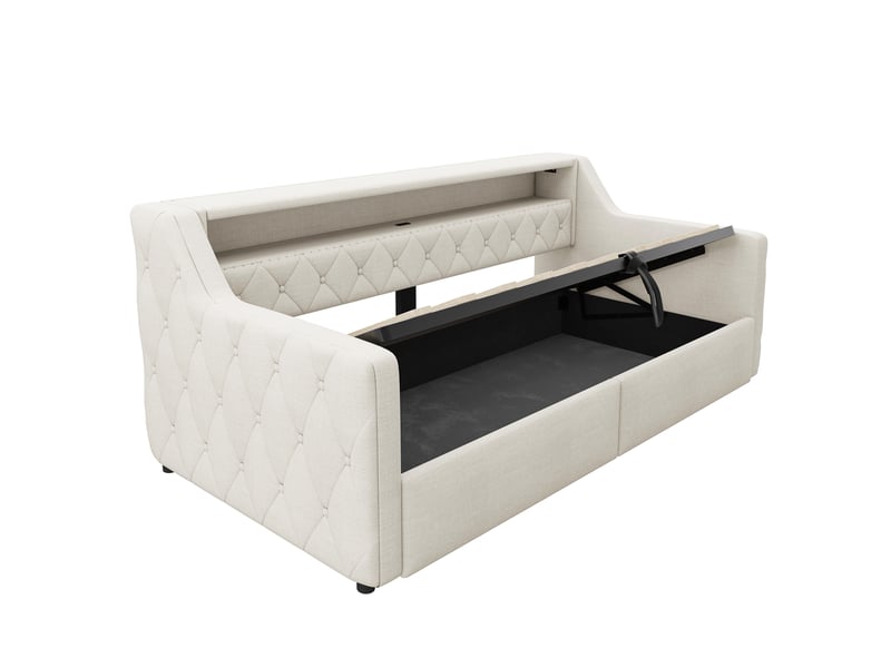  Lit banquette beige 90x200 cm avec led, coffre hydraulique, usbtype-c, lin  - Conforama D