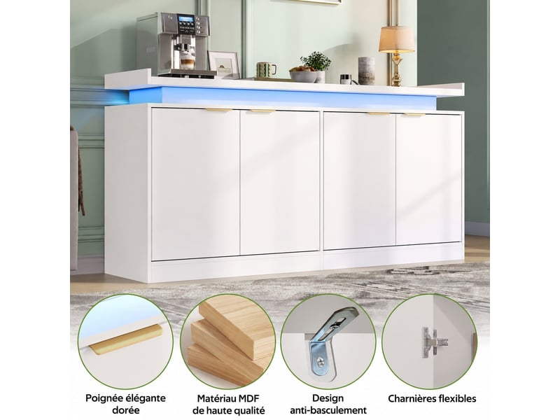  Buffet 160x39x83 cm avec led rgb, 4 portes, rangement ouvert et fermé, commande app, blanc  - Conforama D