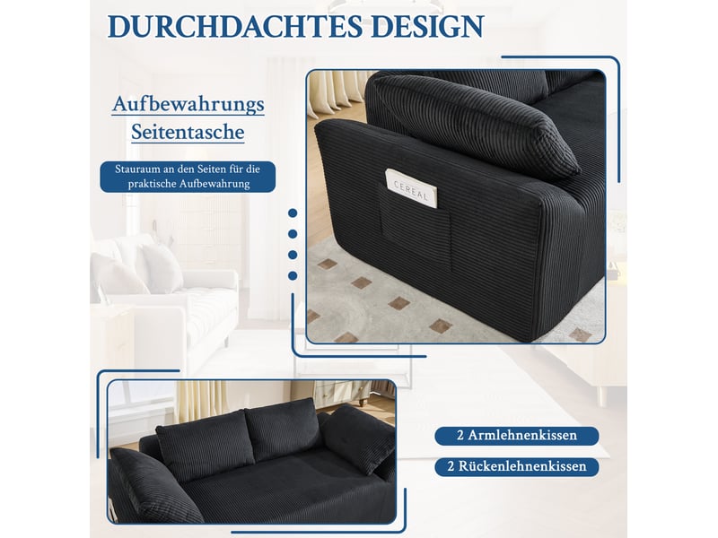 Canapé droit 2 places nuage sans structure, poches latérales et assise profonde en tissu noir, 170 × 86 × 60 cm  - Conforama E