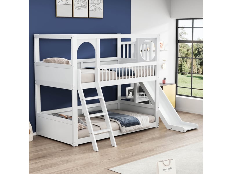 Lit superposé enfant 90x200 cm blanc avec étagères toboggan ludique double couchage gain de place sans matelas déco moderne zen - Conforama C