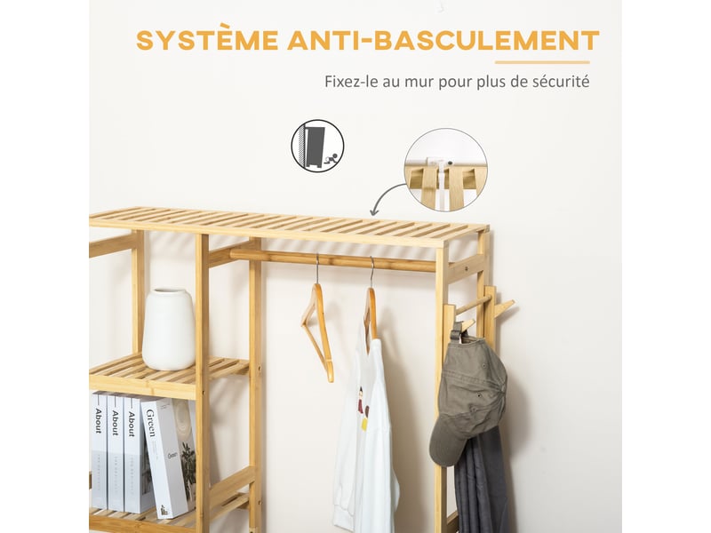  Portant à vêtements bambou penderie porte-manteaux avec étagères, tringle et 2 patères - dim. 90l x 30p x 155h cm  - Conforama W