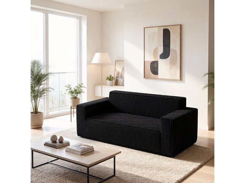 Canapé droit 2 places à assise profonde sans montage pour salon en velours côtelé noir, 94 × 37 × 37 cm - Conforama B