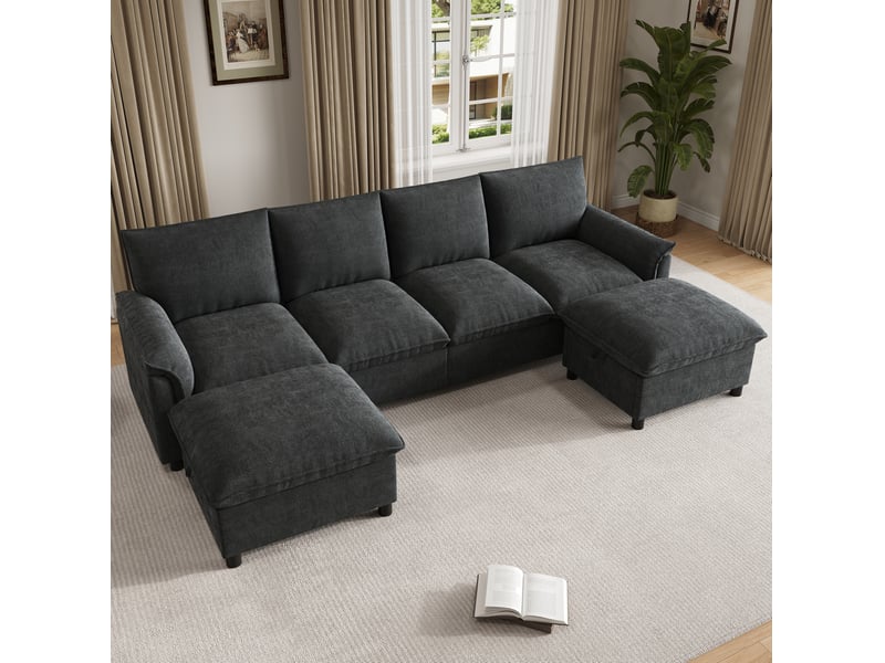  Canapé d'angle modulable en u 264,5x142,5x84 cm, pour salon, 2 poufs et stockage, assise profonde, tissu en chenille, noir  - Conforama D