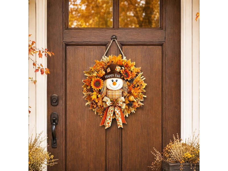 45cm décoration automne porte avec épouvantail, couronne en bois feuilles d’érable, plaque bienvenue pour maison - Conforama B