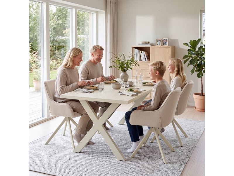  Ensemble table et 4 chaises - table rectangulaire 160x80 cm monobloc en travertin et pieds métal, 4 chaises en tissu beige et pieds en métal blanc  - Conforama W