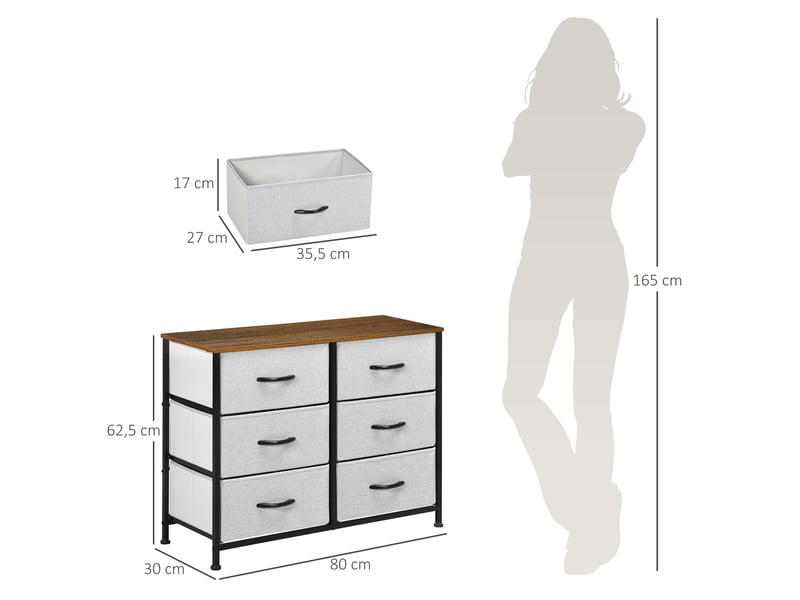  Commode à 6 tiroirs en tissu, pliable, structure en acier et pieds réglables, 80 x 30 x 62,5 cm, gris et marron  - Conforama E